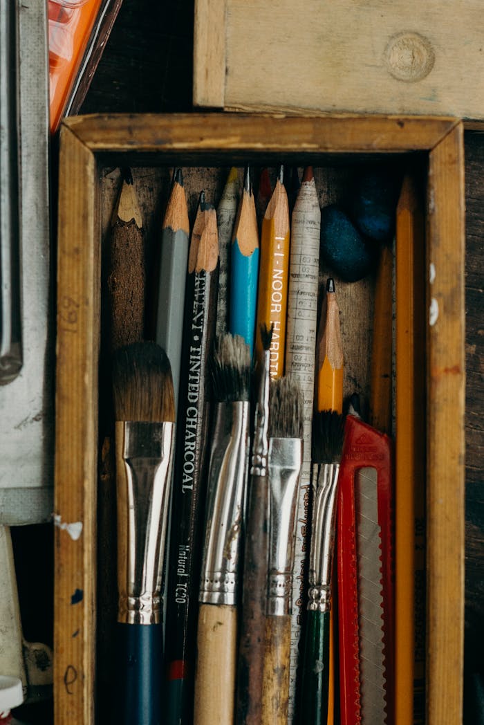 Close-up of assorted art supplies in a vintage wooden box, featuring pencils and brushes.